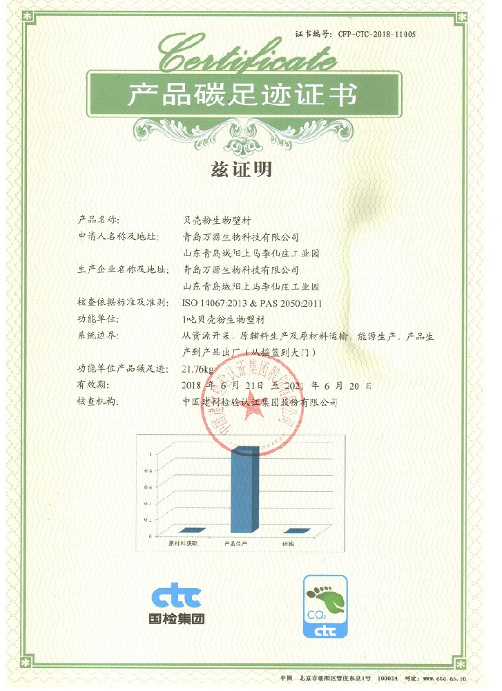 琴岛贝壳粉涂料环保证书《产品碳足迹证书》