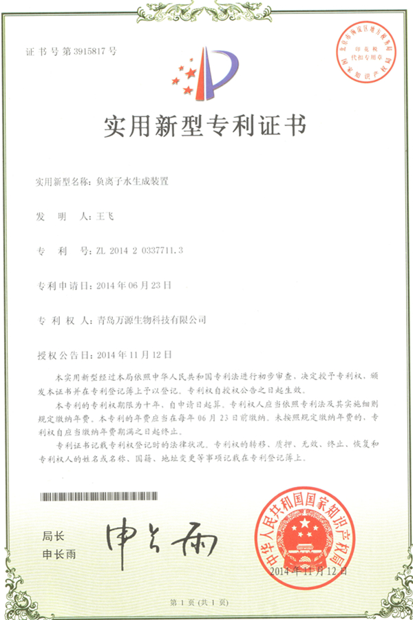 负离子水生成装置实用新型专利